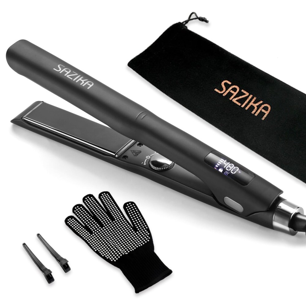 Flat Iron Ionic Hair Straightener, SAZIKA Professional Nano Titanium Straightener with Floating Plates for Hair Styling, Straightener and Curler 2 in 1 with Dual Voltage