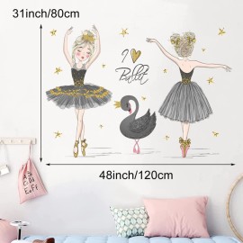 Pinenjoy Ballet Dancing Girl Wall Art Decals Ballerina and Black Swan Wall Sticker 48x31inch Removable Vinyl Wall Decors for Girls Kids Bedroom Nursery Dance Room Playroom