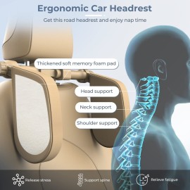 Yoocaa Adjustable Car Headrest Pillow, Road Pal Headrest, U-Shaped Travel Sleeping Pillow for Kids & Adults, Head Neck Support Only Suitable for Car Seat Headrest with Poles, Khaki