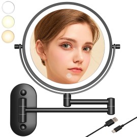 8Wall Mounted Makeup Mirror With Lights, 10x Magnifying Mirror Wall Mount for Vanity, Bathroom and Shaving, Rechargeable Wall Mounted Makeup Mirror Swing Arm with Adjustable Brightness (Black-10X)