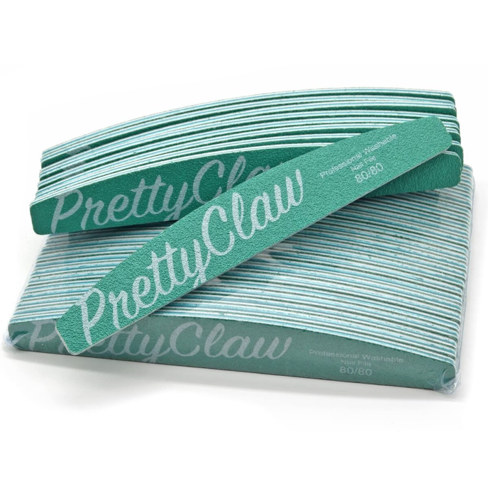 PrettyClaw | 25pc Professional Nail File 80/80 Grit Premium Green Half Moon Acrylic Nail Files Plastic Center Double Sided Zebra Emery Board for Nails Washable 7 inch Nail File