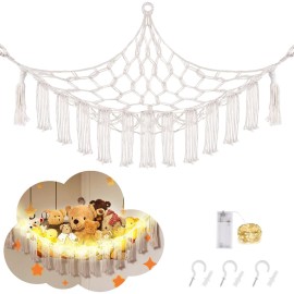 CERETIA Macrame Hanging Net Hammock for Stuffed Animals with LED Light - Corner Toy Storage for Kids, White