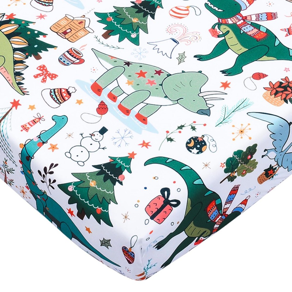JISEN Baby Crib Sheet 1 Piece Portable Fitted Crib Sheet for Standard Crib and Toddler Mattresses Nursery Bed Decor for Boys Girls 28x52 Christmas Dinosaurs