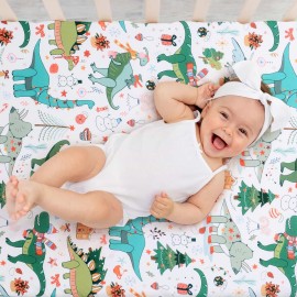 JISEN Baby Crib Sheet 1 Piece Portable Fitted Crib Sheet for Standard Crib and Toddler Mattresses Nursery Bed Decor for Boys Girls 28x52 Christmas Dinosaurs