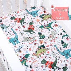 JISEN Baby Crib Sheet 1 Piece Portable Fitted Crib Sheet for Standard Crib and Toddler Mattresses Nursery Bed Decor for Boys Girls 28x52 Christmas Dinosaurs