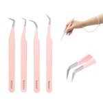 HAICHER Fiber Tip Grip Lash Tweezers for Eyelash Extensions, Set of 4 Pcs Volume Boot 90 Degree Tweezers Eyelash Extension