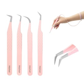 HAICHER Fiber Tip Grip Lash Tweezers for Eyelash Extensions, Set of 4 Pcs Volume Boot 90 Degree Tweezers Eyelash Extension