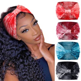 Huachi Tie Dye Headbands for Women, 4 Pack Wide Headbands in Boho Style, Non Slip Hairbands for Workout, Yoga, Running, Hair Accessories for Girls, Women\'s Hair Turban, African Knotted Head Wraps