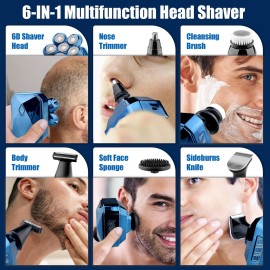 Head Shavers for Bald Men, IPX7 Waterproof Detachable Head Shaver,6D Electric Razor for Men, 6 in 1 Wet/Dry Rechargeable LED Shaving Kit with Type-C Charge