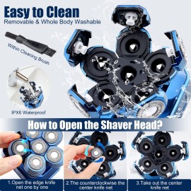 Head Shavers for Bald Men, IPX7 Waterproof Detachable Head Shaver,6D Electric Razor for Men, 6 in 1 Wet/Dry Rechargeable LED Shaving Kit with Type-C Charge