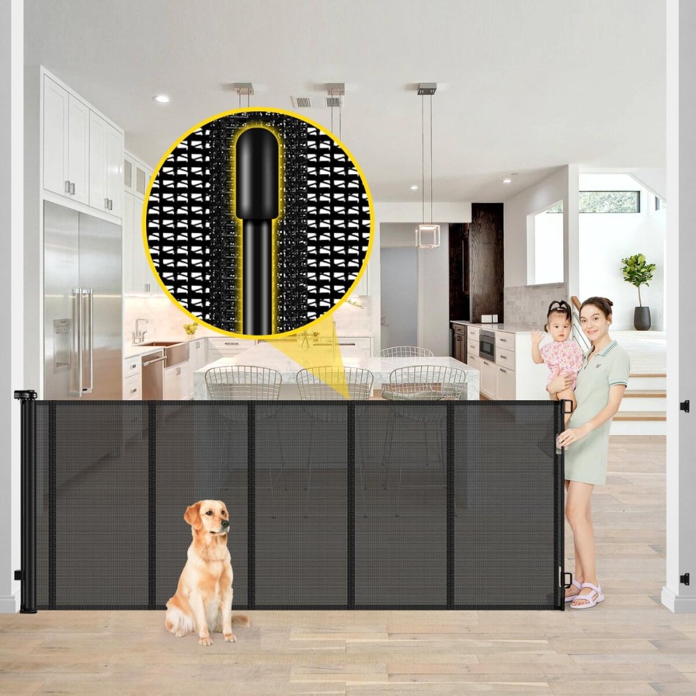 Reinforced 42 Extra Tall x 80 Wide Retractable Baby Gates with Rods to Prevent Crawling Through, Extra Tall Pet Gate for Large Openings Indoor Long Mesh Dog Gate for Stairs and Doorways, Black