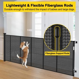 Reinforced 42 Extra Tall x 80 Wide Retractable Baby Gates with Rods to Prevent Crawling Through, Extra Tall Pet Gate for Large Openings Indoor Long Mesh Dog Gate for Stairs and Doorways, Black