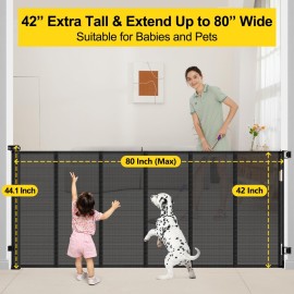 Reinforced 42 Extra Tall x 80 Wide Retractable Baby Gates with Rods to Prevent Crawling Through, Extra Tall Pet Gate for Large Openings Indoor Long Mesh Dog Gate for Stairs and Doorways, Black