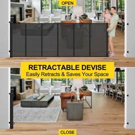 Reinforced 42 Extra Tall x 80 Wide Retractable Baby Gates with Rods to Prevent Crawling Through, Extra Tall Pet Gate for Large Openings Indoor Long Mesh Dog Gate for Stairs and Doorways, Black