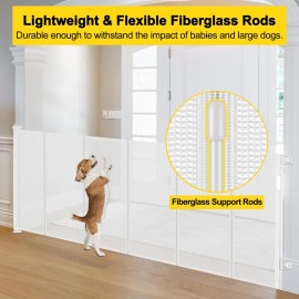 Reinforced 42 Extra Tall x 80 Wide Retractable Baby Gates with Rods to Prevent Crawling Through, Extra Tall Dog Gate for Large Openings Indoor Outdoor Long Mesh Gate for Stairs and Doorways, White