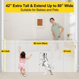 Reinforced 42 Extra Tall x 80 Wide Retractable Baby Gates with Rods to Prevent Crawling Through, Extra Tall Dog Gate for Large Openings Indoor Outdoor Long Mesh Gate for Stairs and Doorways, White