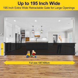 195 Inch Extra Wide Retractable Baby Gate for Large Openings, 33 Tall Super Long Baby Gate for Doorway and Stairs Indoor Outdoor Retractable Dog Gate Long Mesh Child Gates for Kids or Pets, Black