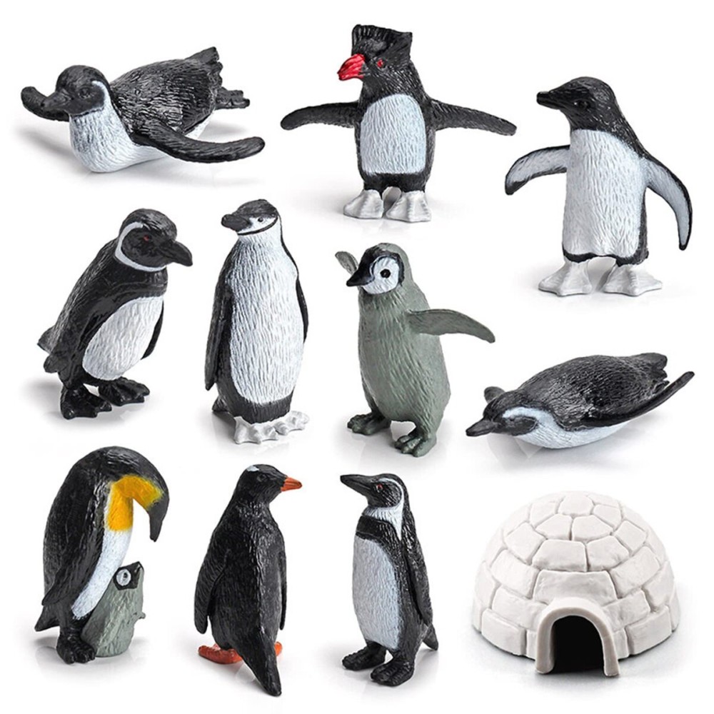 SCAHOW 11PCS Penguin Toys, Plastic Arctic Animal Penguin Figures for Kids, Realistic Polar Animals Penguin Figurines Set with Igloo Model, Cake Topper Winter Miniature Toys Decoration