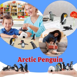 SCAHOW 11PCS Penguin Toys, Plastic Arctic Animal Penguin Figures for Kids, Realistic Polar Animals Penguin Figurines Set with Igloo Model, Cake Topper Winter Miniature Toys Decoration