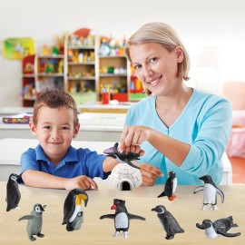 SCAHOW 11PCS Penguin Toys, Plastic Arctic Animal Penguin Figures for Kids, Realistic Polar Animals Penguin Figurines Set with Igloo Model, Cake Topper Winter Miniature Toys Decoration