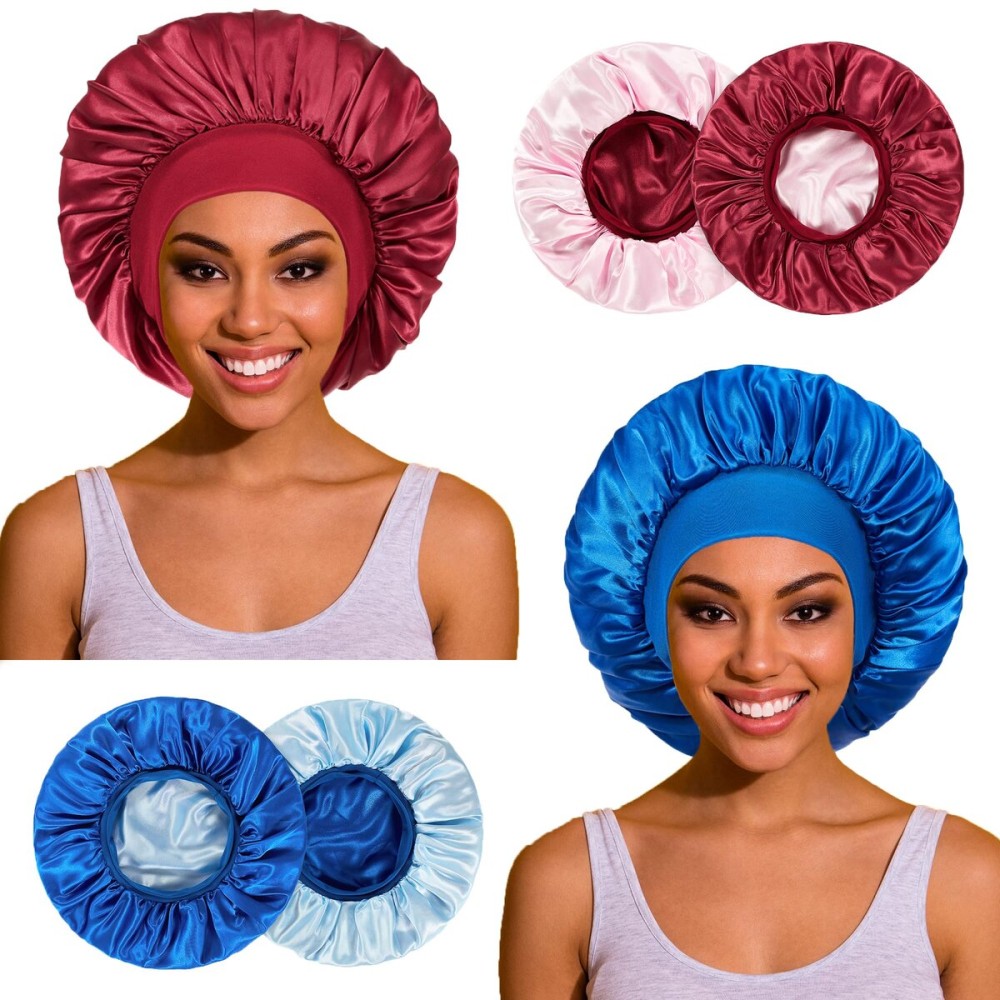PHILIGHTS 2pcs Double Layer Two-Color Satin Silk Hair Bonnet for Sleeping Women, Reversible Sleep Bonnets for Women, Wide Band Sleep Cap for Curly Hair Braids