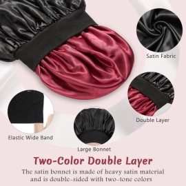 PHILIGHTS 2pcs Double Layer Two-Color Satin Silk Hair Bonnet for Sleeping Women, Reversible Sleep Bonnets for Women, Wide Band Sleep Cap for Curly Hair Braids