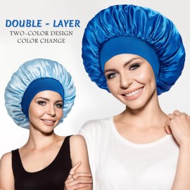 PHILIGHTS 2pcs Double Layer Two-Color Satin Silk Hair Bonnet for Sleeping Women, Reversible Sleep Bonnets for Women, Wide Band Sleep Cap for Curly Hair Braids