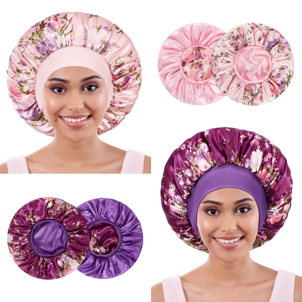 PHILIGHTS 2pcs Double Layer Two-Color Satin Silk Hair Bonnet for Sleeping Women, Reversible Sleep Bonnets for Women, Wide Band Sleep Cap for Curly Hair Braids