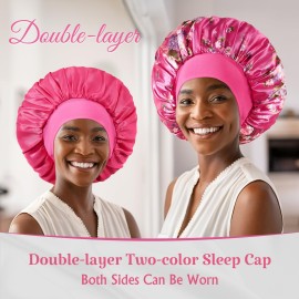 PHILIGHTS 2pcs Double Layer Two-Color Satin Silk Hair Bonnet for Sleeping Women, Reversible Sleep Bonnets for Women, Wide Band Sleep Cap for Curly Hair Braids
