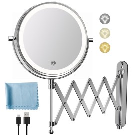 Rechargeable Wall Mounted Makeup Mirror - 8 Inch Double Sided 1X/10X Magnifying Mirror with 3 Color Lights Dimmable Touch Screen, 360Swivel 19.6 Inch Extendable Accordion Bathroom Mirror - Chrome