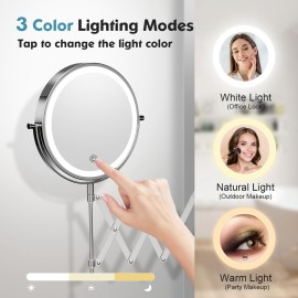 Rechargeable Wall Mounted Makeup Mirror - 8 Inch Double Sided 1X/10X Magnifying Mirror with 3 Color Lights Dimmable Touch Screen, 360Swivel 19.6 Inch Extendable Accordion Bathroom Mirror - Chrome Rechargeable Wall Mounted Makeup Mirror - 8 Inch Double Sided 1X/10X Magnifying Mirror with 3 Color Lights Dimmable Touch Screen, 360Swivel 19.6 Inch Extendable Accordion Bathroom Mirror - Chrome
