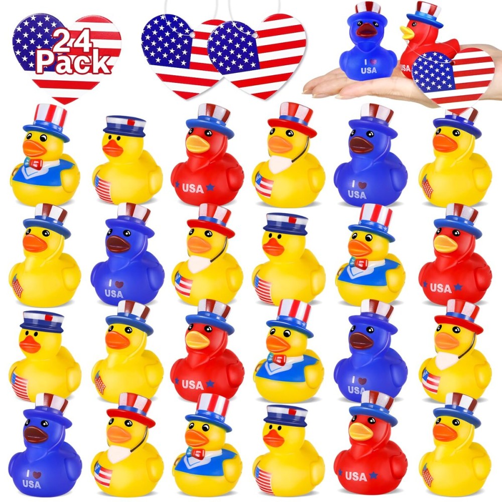 24 Pcs Patriotic Rubber Ducks, 4th of July Ducks for Jeeps, Fourth of July Party Favors, Memorial Day Decorations, Bath Pool Water Toys, Kids\' Birthday Independence Day Gifts, Classroom Prizes
