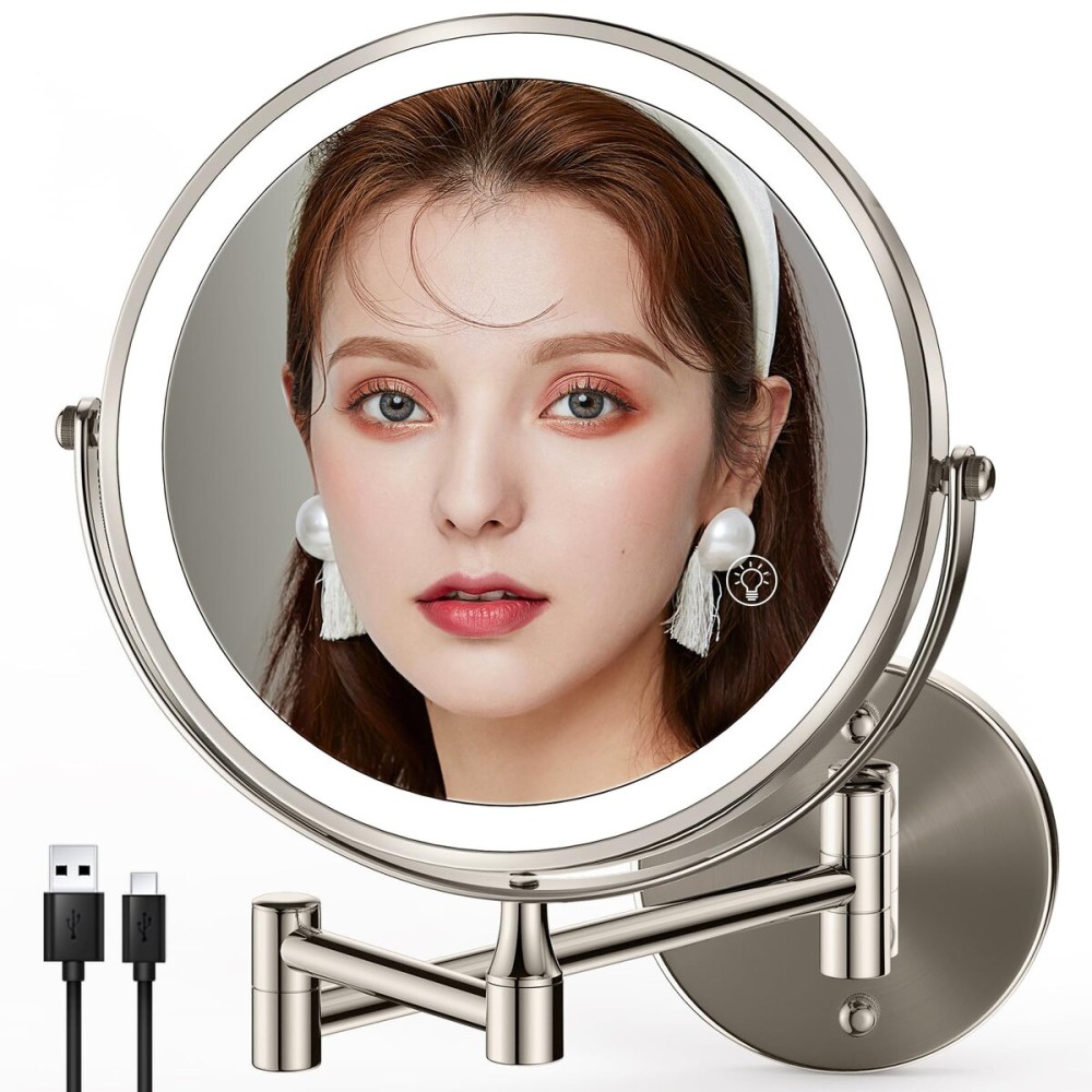 VORREMIRR 8.5 Inch Rechargeable Wall Mounted Makeup Mirror Brushed Nickel, Double Side Dual-Touch 1X/10X Magnifying Mirror with Light, 3 Color Lights 360Swivel Extendable Bathroom Mirror