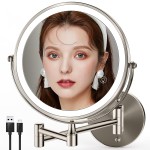 VORREMIRR 8.5 Inch Rechargeable Wall Mounted Makeup Mirror Brushed Nickel, Double Side Dual-Touch 1X/10X Magnifying Mirror with Light, 3 Color Lights 360Swivel Extendable Bathroom Mirror