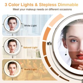 VORREMIRR 8.5 Inch Rechargeable Wall Mounted Makeup Mirror Brushed Nickel, Double Side Dual-Touch 1X/10X Magnifying Mirror with Light, 3 Color Lights 360Swivel Extendable Bathroom Mirror