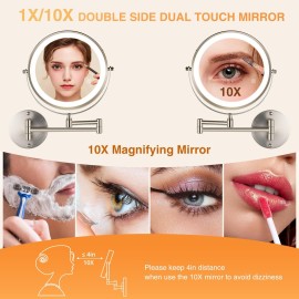 VORREMIRR 8.5 Inch Rechargeable Wall Mounted Makeup Mirror Brushed Nickel, Double Side Dual-Touch 1X/10X Magnifying Mirror with Light, 3 Color Lights 360Swivel Extendable Bathroom Mirror