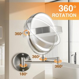 VORREMIRR 8.5 Inch Rechargeable Wall Mounted Makeup Mirror Brushed Nickel, Double Side Dual-Touch 1X/10X Magnifying Mirror with Light, 3 Color Lights 360Swivel Extendable Bathroom Mirror
