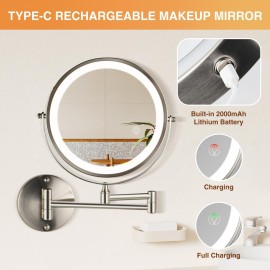 VORREMIRR 8.5 Inch Rechargeable Wall Mounted Makeup Mirror Brushed Nickel, Double Side Dual-Touch 1X/10X Magnifying Mirror with Light, 3 Color Lights 360Swivel Extendable Bathroom Mirror
