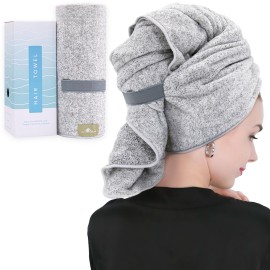 myHomeBody Hair Drying Towel, Hair Wrap Towel, Quick Dry Turban, Hairdry Turban, Wet Head Wrap for Women with Strap, Gray