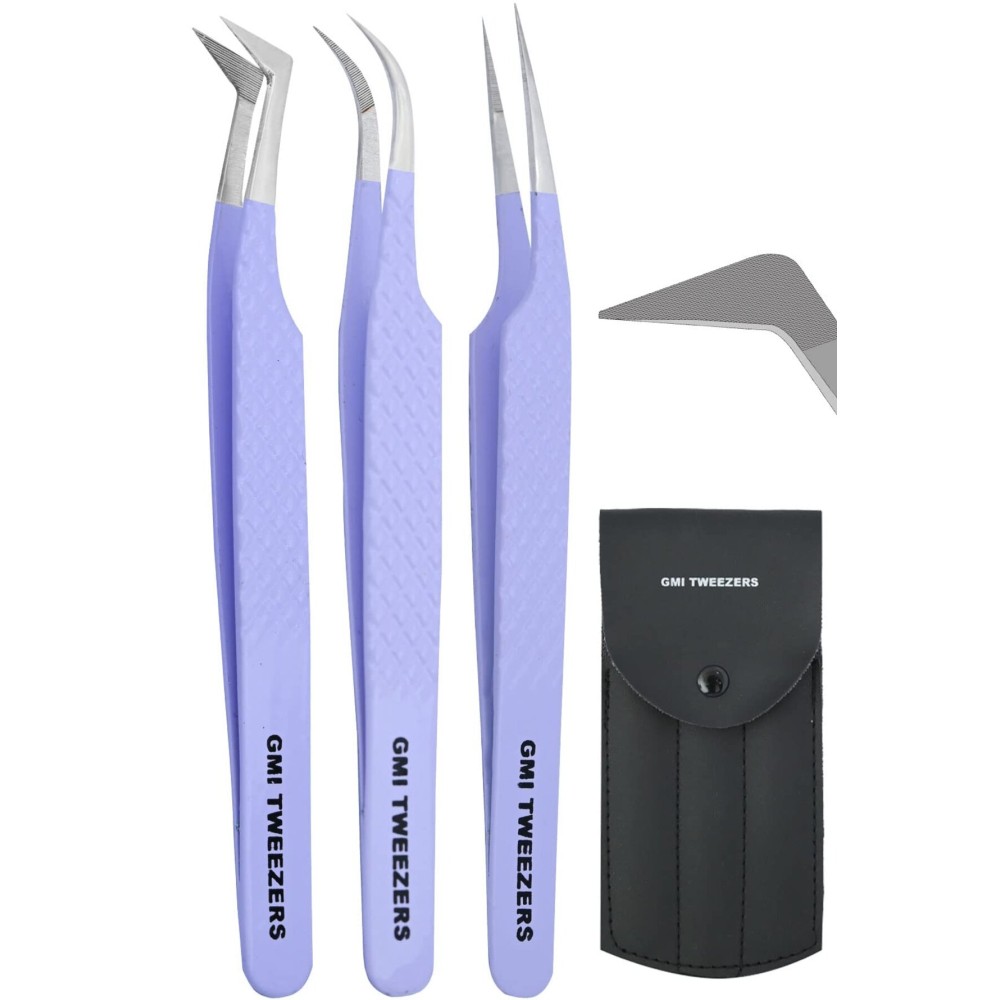 Fiber Tip Lash Tweezers- Pack of 3 Eyelash Extension Tweezers Professional- Lash Tweezers. (Mauve Purple)