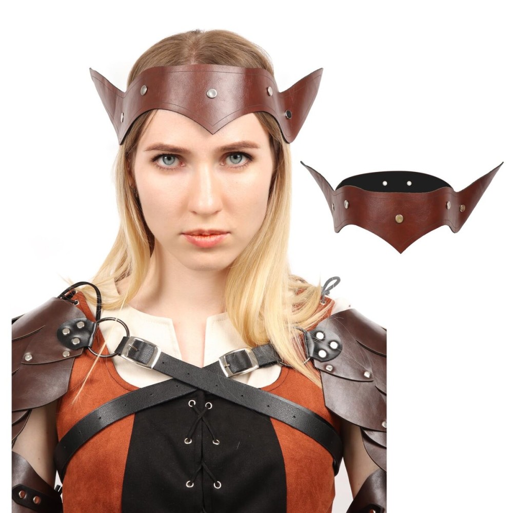 FURPHI Medieval PU Leather Headband Vinatge Unisex Adjustable Fantasy Headpiece with Rivet (Brown)