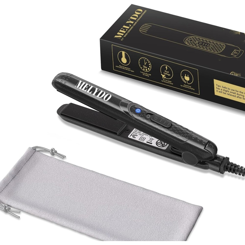 MELYDO Mini Flat Iron, Ceramic Tourmaline Small Hair Straightener for Short Hair/Bangs, Dual Voltage Travel Hair Straightener, Portable Mini Straightener with Storage Pouch(Black)