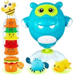 EKU Hippo Bath Toys for Kids Ages 18months+ Toddler with Burger Stacking Cups Swimming Duck Crab Bath Time Water Play Toys Bathtub Toys