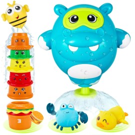 EKU Hippo Bath Toys for Kids Ages 18months+ Toddler with Burger Stacking Cups Swimming Duck Crab Bath Time Water Play Toys Bathtub Toys