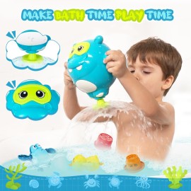 EKU Hippo Bath Toys for Kids Ages 18months+ Toddler with Burger Stacking Cups Swimming Duck Crab Bath Time Water Play Toys Bathtub Toys