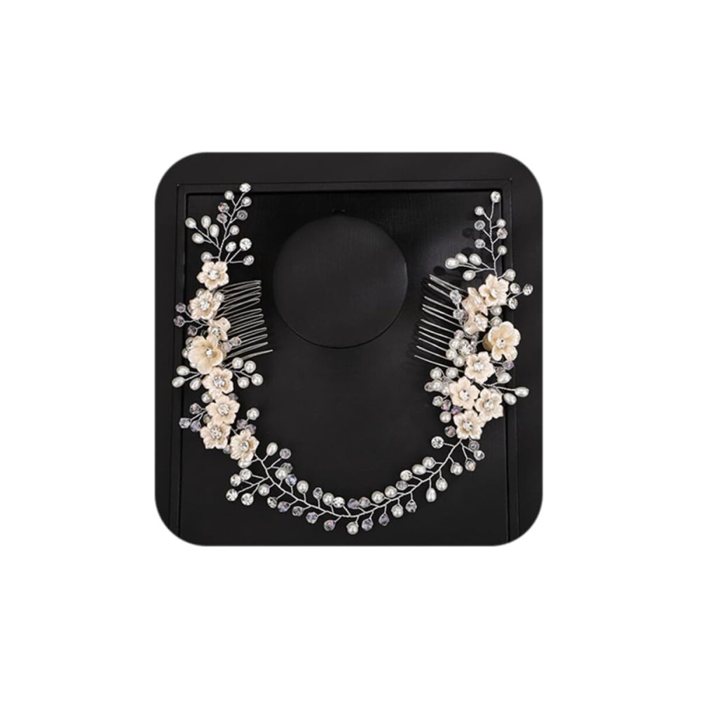 Teyglen Wedding Rhinestones Pearl Headband With Comb Bridal Flower Crystal Pearls Long Headband Hair Vine Hair Comb Floral Hair Accessories Silver Hair Pieces for Women Bride