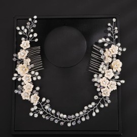 Teyglen Wedding Rhinestones Pearl Headband With Comb Bridal Flower Crystal Pearls Long Headband Hair Vine Hair Comb Floral Hair Accessories Silver Hair Pieces for Women Bride
