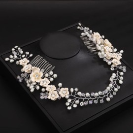 Teyglen Wedding Rhinestones Pearl Headband With Comb Bridal Flower Crystal Pearls Long Headband Hair Vine Hair Comb Floral Hair Accessories Silver Hair Pieces for Women Bride