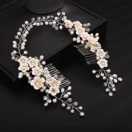 Teyglen Wedding Rhinestones Pearl Headband With Comb Bridal Flower Crystal Pearls Long Headband Hair Vine Hair Comb Floral Hair Accessories Silver Hair Pieces for Women Bride