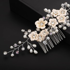 Teyglen Wedding Rhinestones Pearl Headband With Comb Bridal Flower Crystal Pearls Long Headband Hair Vine Hair Comb Floral Hair Accessories Silver Hair Pieces for Women Bride